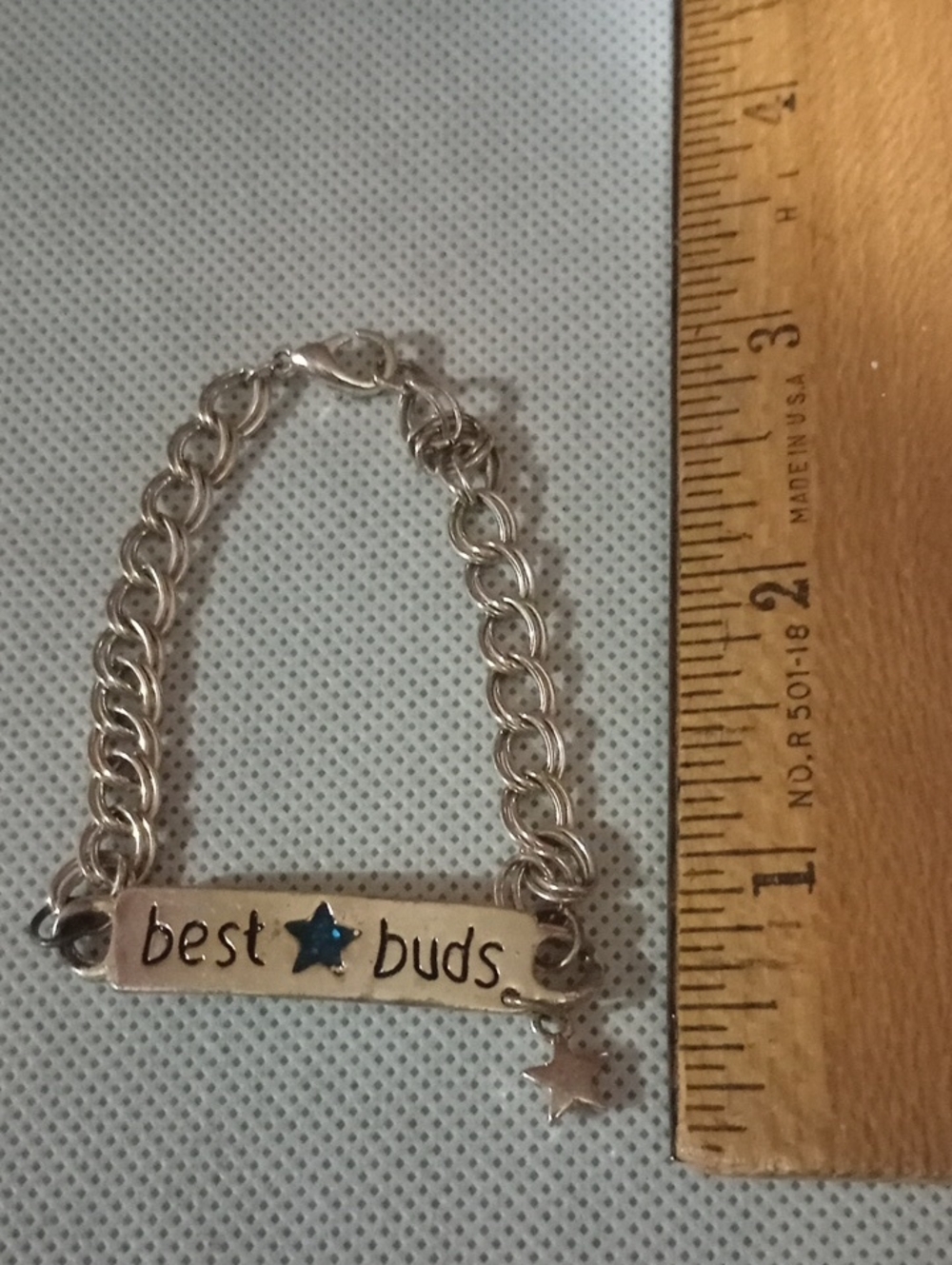 Silver 'Best Buds' Kids Charm with Blue Accent Bracelet.